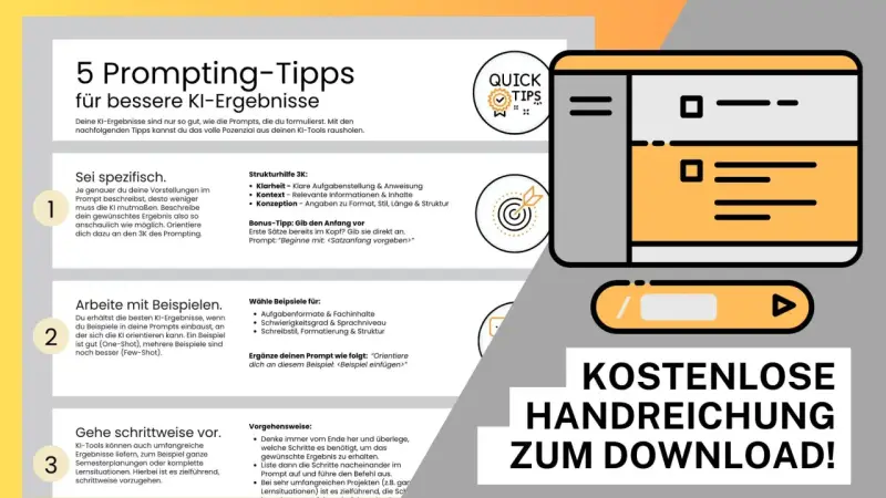 5 Tipps für bessere KI-Ergebnisse, die wie ein Unterrichtsentwurf aufgebaut sind. Lerne, wie du mit spezifischen Prompts und Beispielen das volle Potenzial von KI-Tools ausschöpfst.