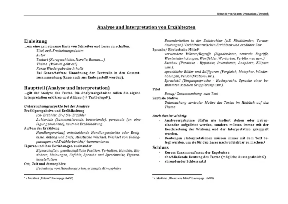 Analyse von Erzähltexten: Einleitung, Hauptteil (Analyse, Interpretation), Schluss. Behandelt werden Zeitstruktur, Sprache, Motive und die Bedeutung von Belegen, wie im Sturm und Drang.